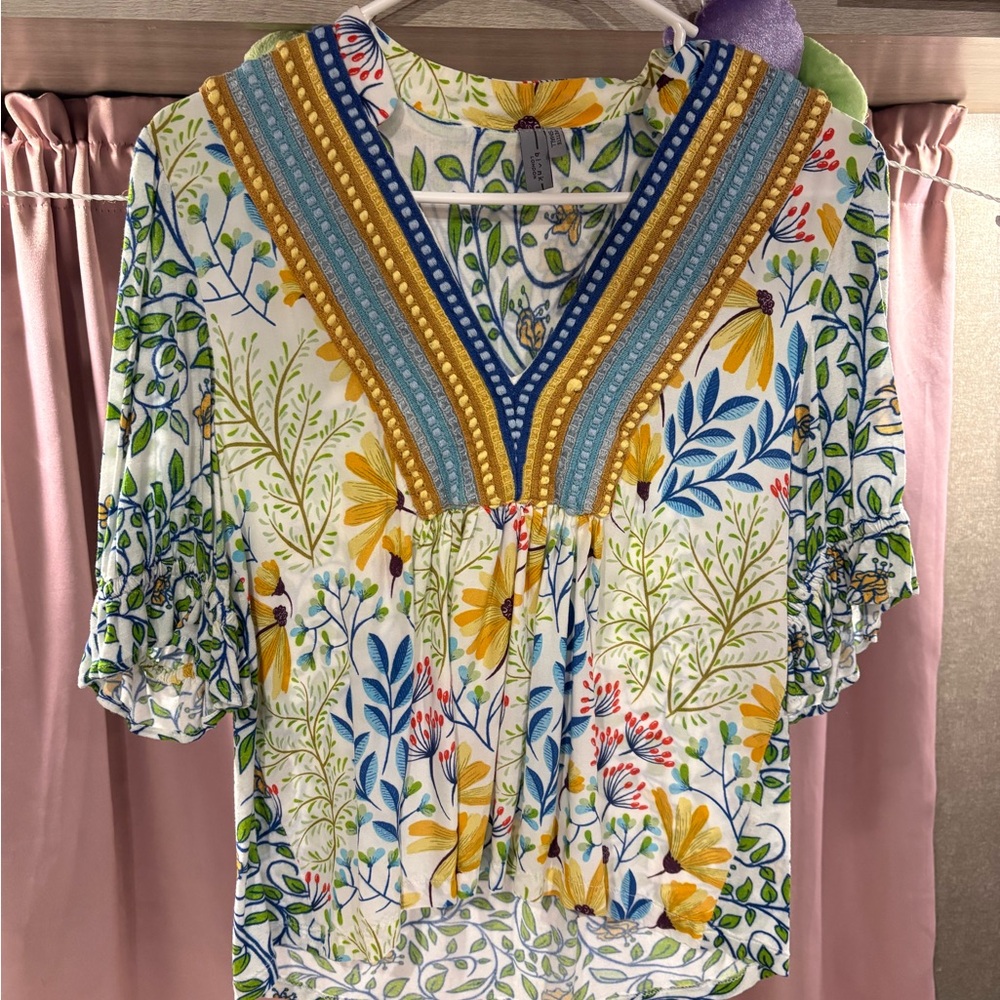 Yellow and Blue Graphic 3/4 Sleeve Blouse with Bib Collar